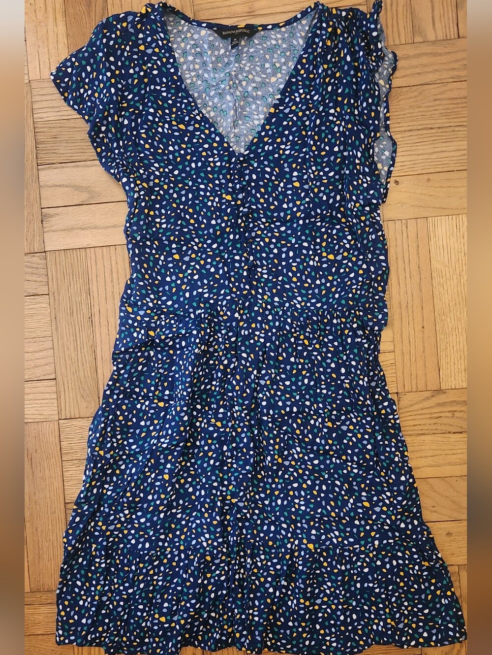 Banana Republic Navy Blue Printed V-Neck Dress with Green and Yellow Accents